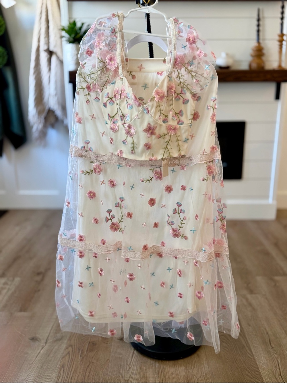 Altar'd State Ivory Maxi Dress Set with Pink & Blue Floral Embroidery